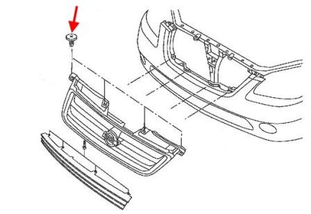 scheme of fastening of the radiator grille Nissan Altima L31 (2002-2006)